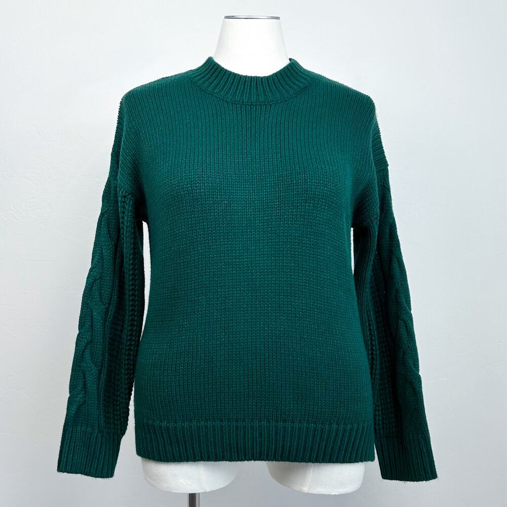 Roolee Christmas Holiday Green Cable Knit Sleeve Button-Back Crewneck Sweater XL